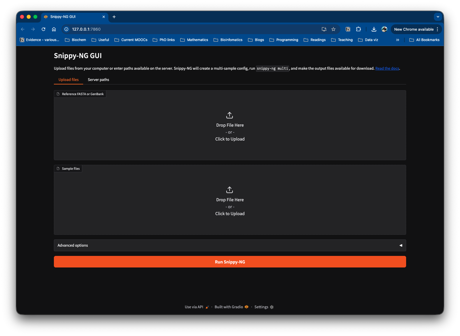 Screenshot of the GUI showing input fields for reference and sample files, a run button.