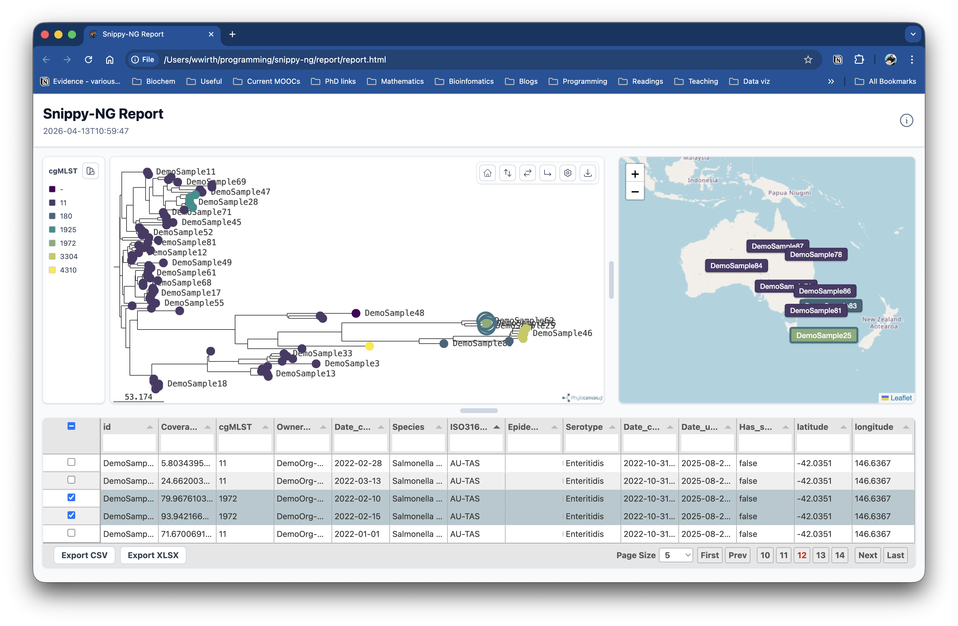 Snippy-NG report showing an interactive tree and sample metadata